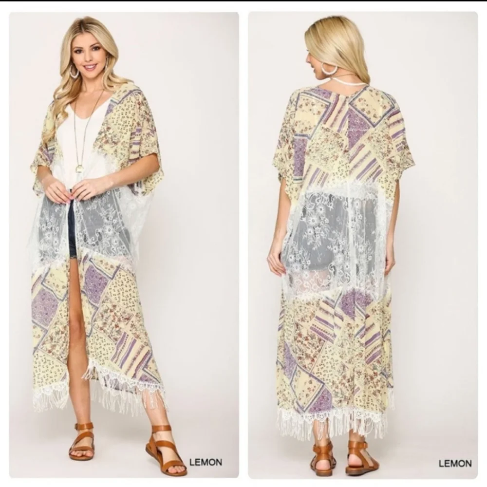 🔥$5🔥FLORAL LACE ACCENT MAXI  KIMONO - Picture 2 of 6